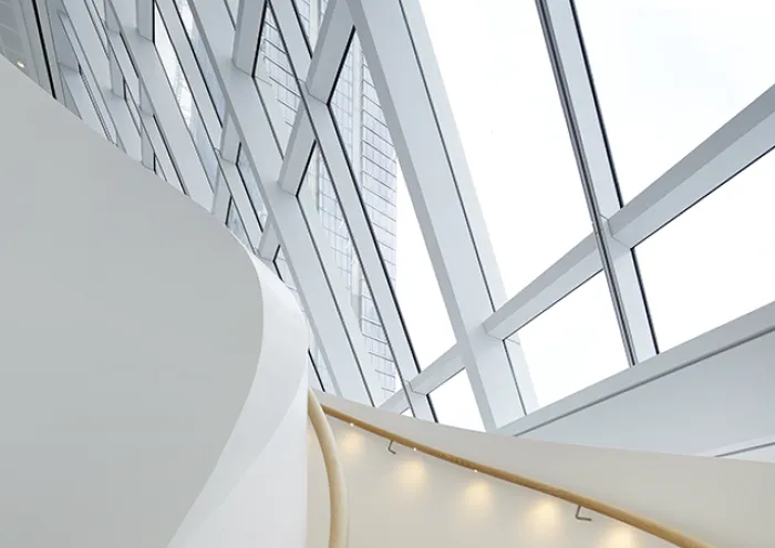Interior of building with curtain wall facade