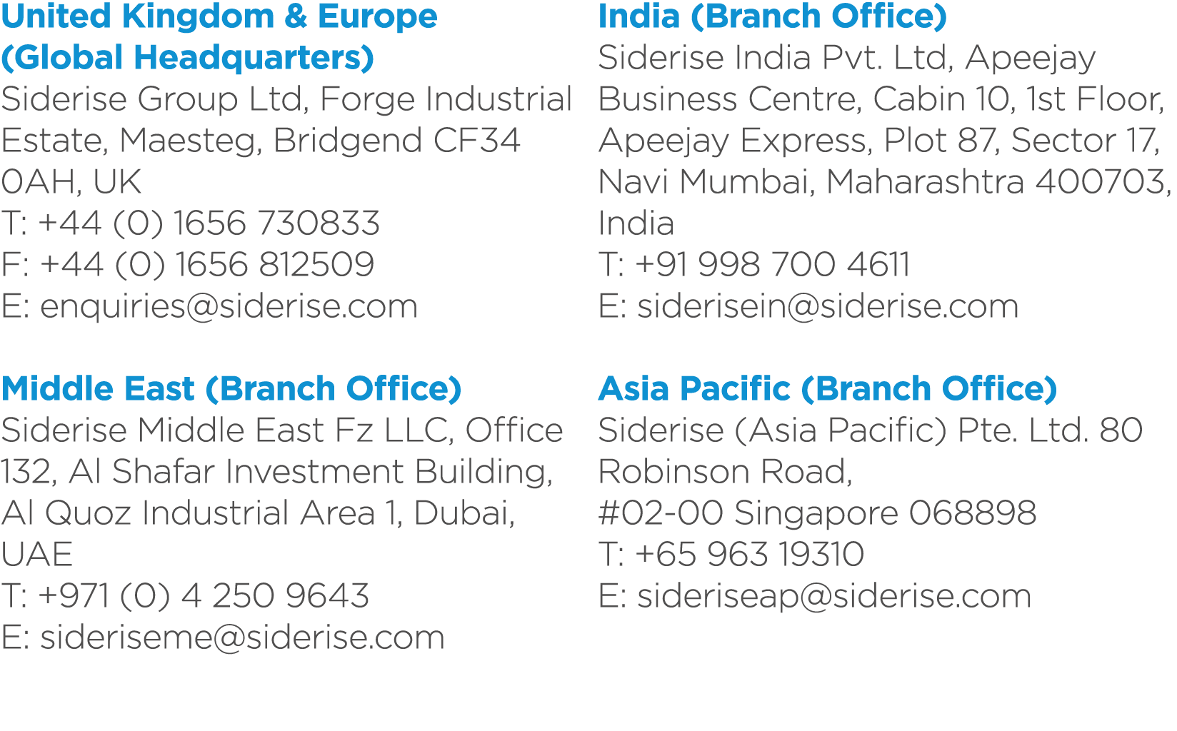 United Kingdom & Europe (Global Headquarters) Siderise Group Ltd, Forge Industrial Estate, Maesteg, Bridgend CF34 0AH...