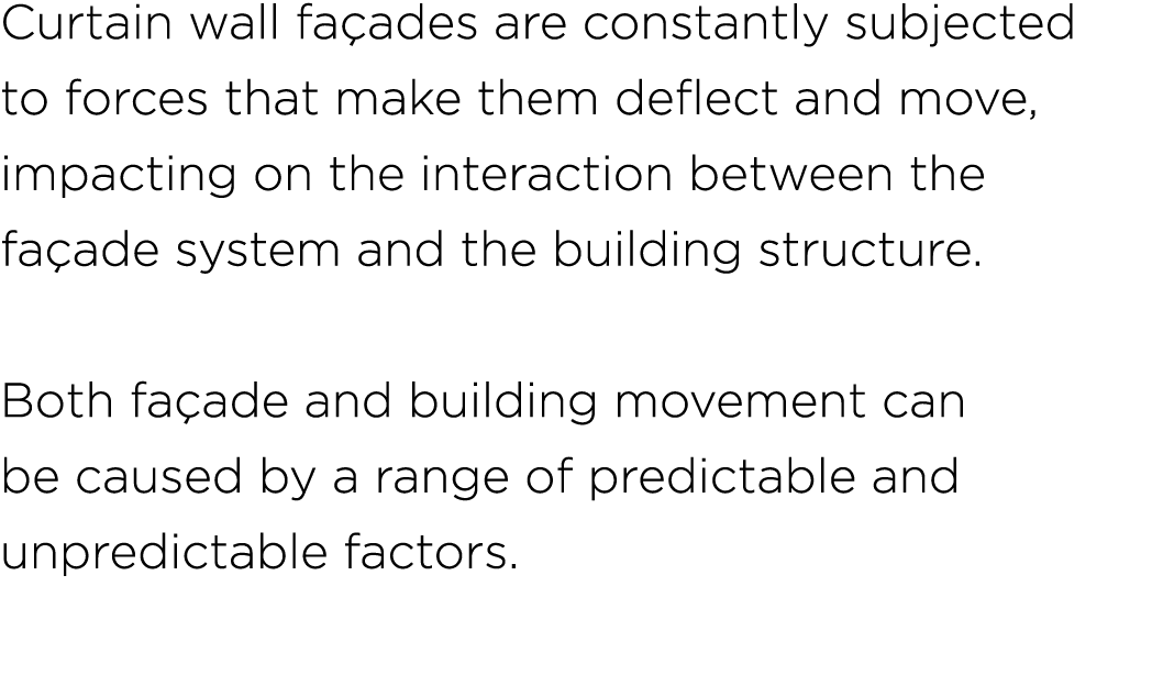 Curtain wall fa ades are constantly subjected to forces that make them deflect and move, impacting on the interaction...
