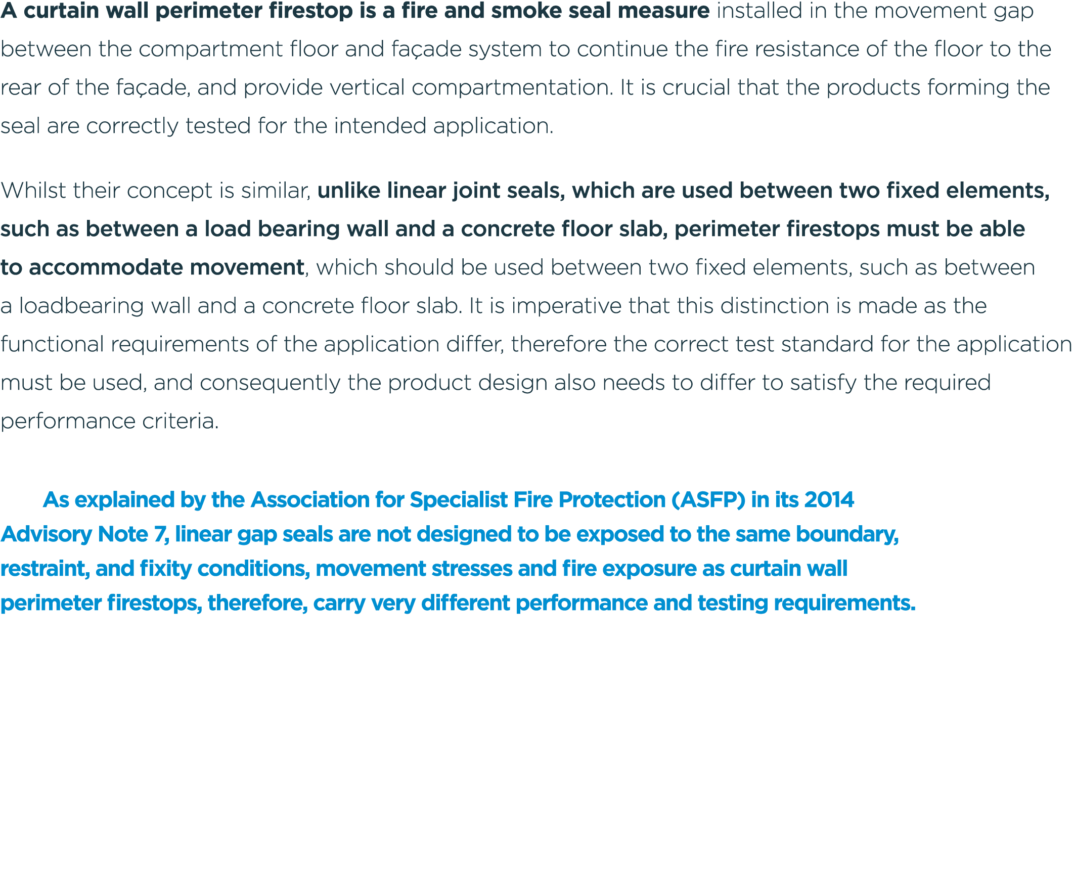 A curtain wall perimeter firestop is a fire and smoke seal measure installed in the movement gap between the compartm...