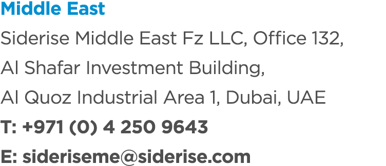 Middle East Siderise Middle East Fz LLC, Office 132, Al Shafar Investment Building, Al Quoz Industrial Area 1, Dubai,...